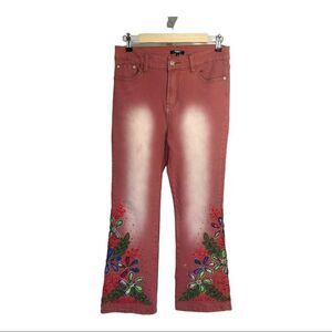 TESORO MODA Women’s Floral Embellished/Beaded High Waist Jeans Pink Size Small